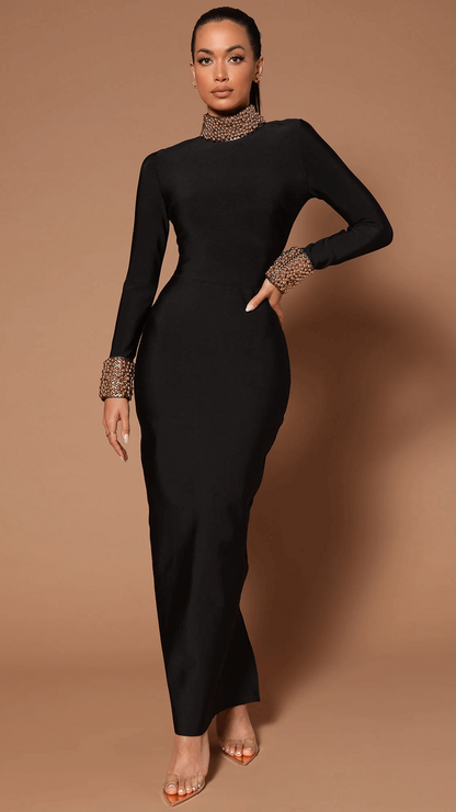 Long-Sleeved Backless Bandaged Long Dress-Black