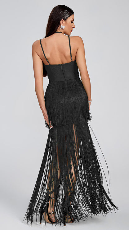 Maya Fringed Party Dress-Black