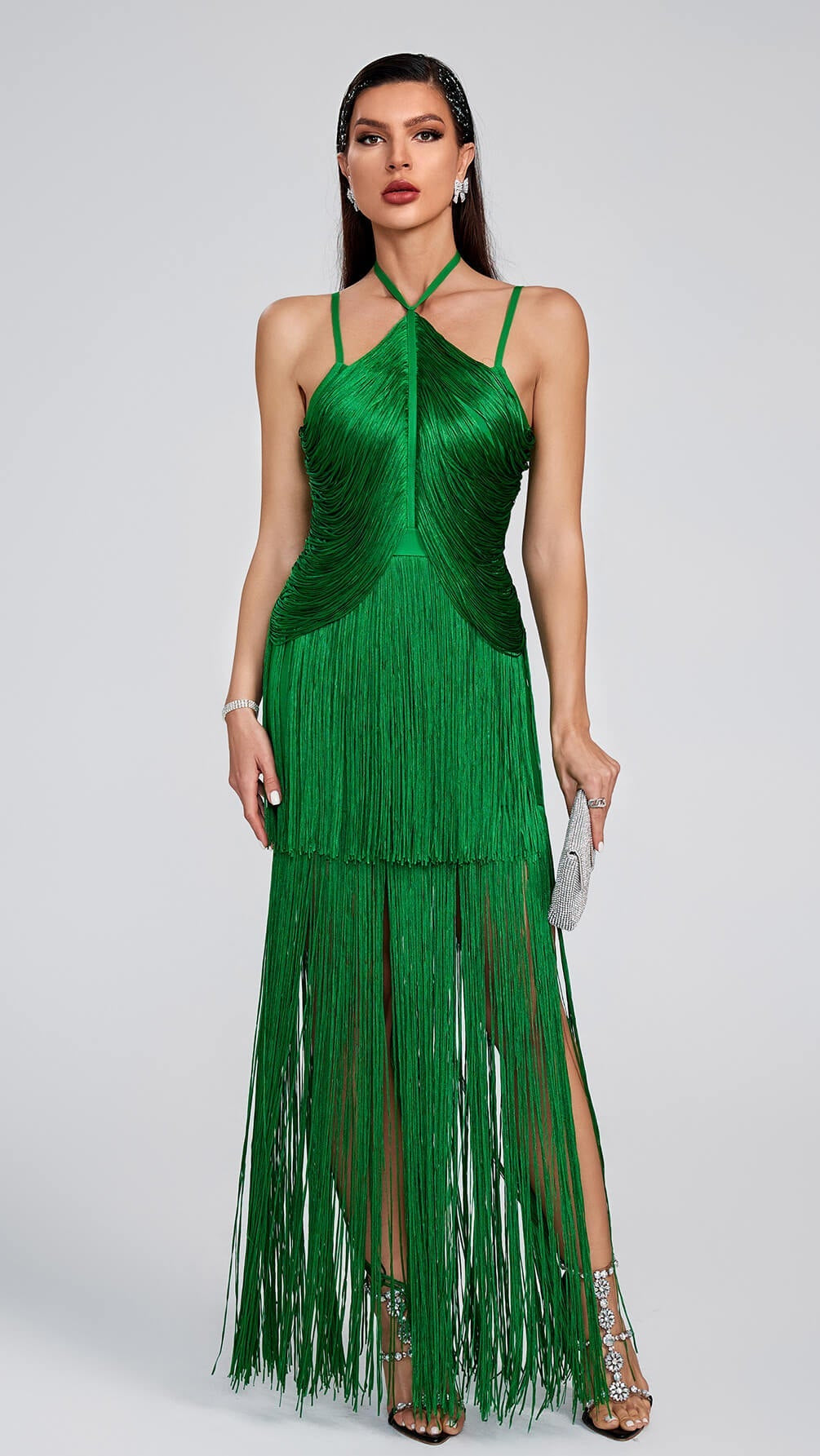 Maya Fringed Party Dress-Green