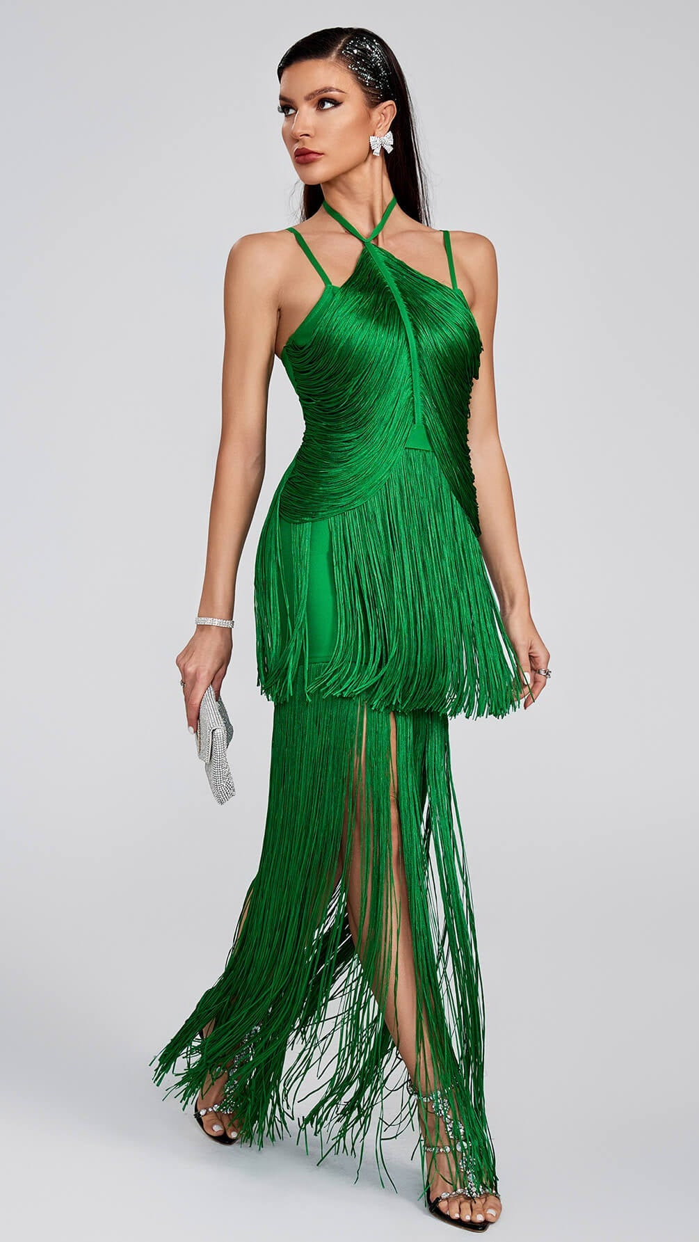 Maya Fringed Party Dress-Green