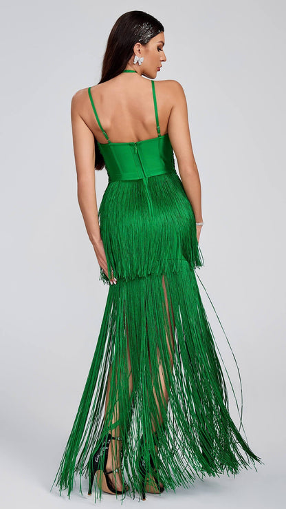 Maya Fringed Party Dress-Green