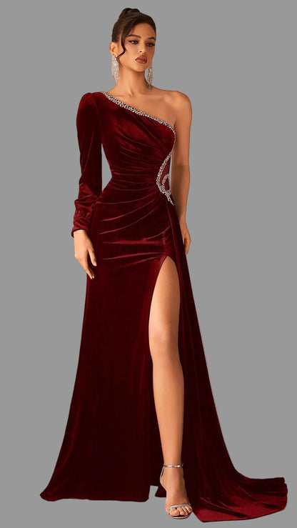One Shoulder Velvet Split Evening Dress-Wine Red