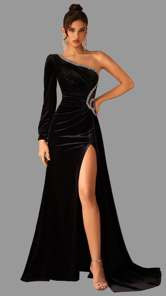 One Shoulder Velvet Split Evening Dress-Black