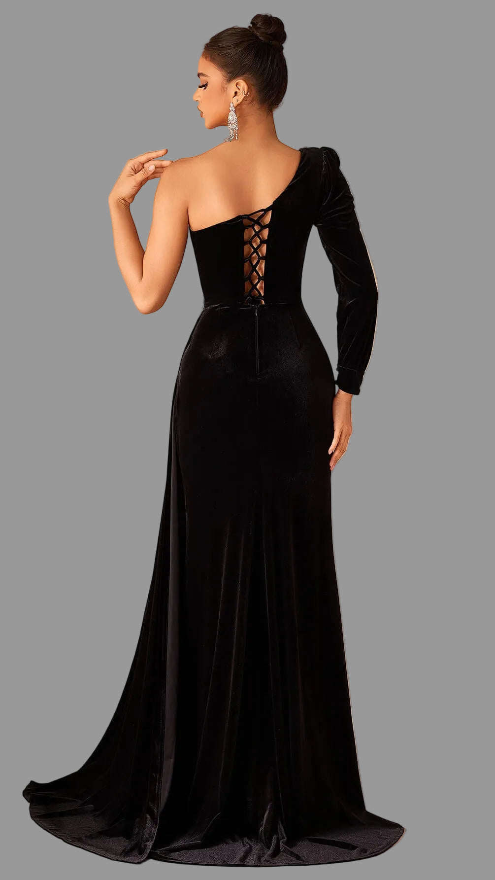 One Shoulder Velvet Split Evening Dress-Black