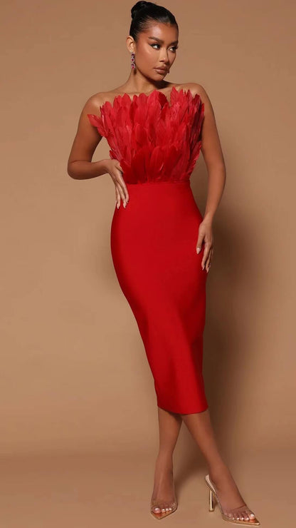 Strapless Bandage Feather Bandage Dress-Red