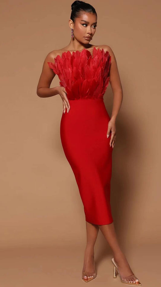 Strapless Bandage Feather Bandage Dress-Red