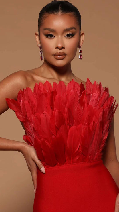 Strapless Bandage Feather Bandage Dress-Red