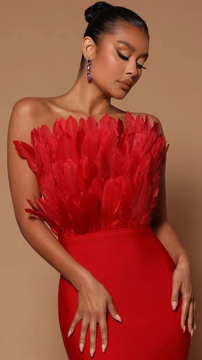 Strapless Bandage Feather Bandage Dress-Red