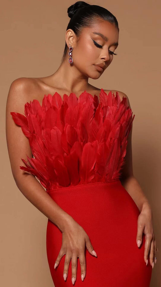 Strapless Bandage Feather Bandage Dress-Red