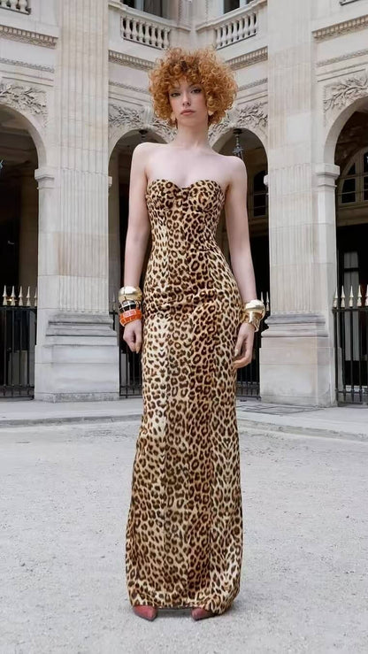 V-Neck Leopard Print Long Dress