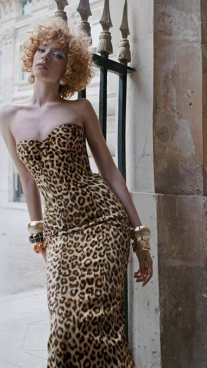 V-Neck Leopard Print Long Dress