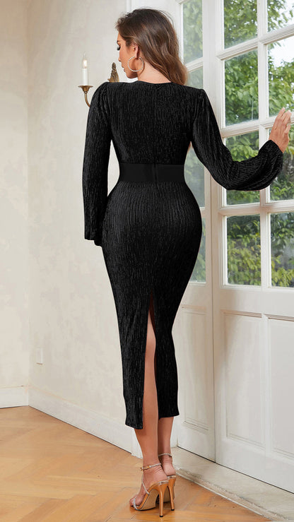 V-Neck Long-Sleeved Velvet Long Dress
