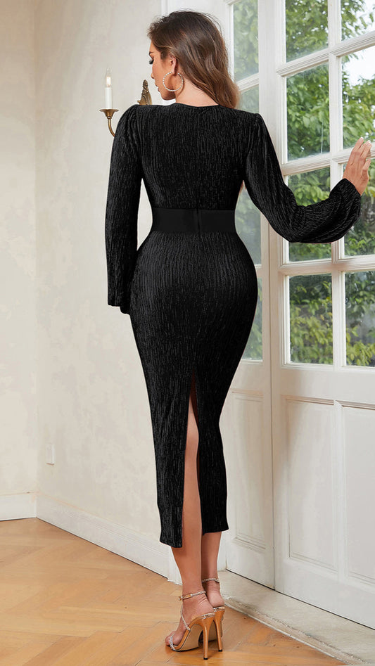 V-Neck Long-Sleeved Velvet Long Dress