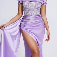 Colia Diamomate Mesh Corset Satin Maxi Dress - Purple