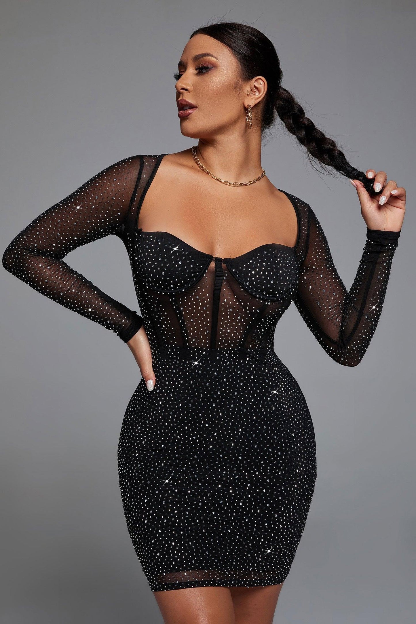 Hatty Diamond Corset Bodycon Dress - Black