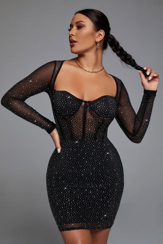 Hatty Diamond Corset Bodycon Dress - Black