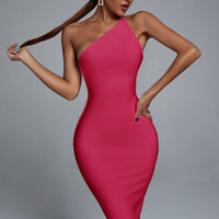 Janan One Shoulder Midi Cocktail Dress - Hot Pink