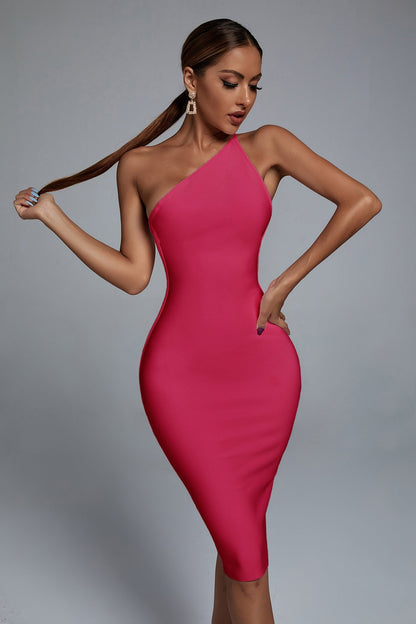Janan One Shoulder Midi Cocktail Dress - Hot Pink