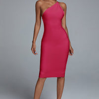Janan One Shoulder Midi Cocktail Dress - Hot Pink