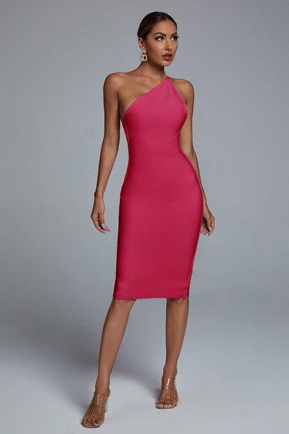 Janan One Shoulder Midi Cocktail Dress - Hot Pink