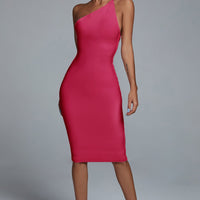 Janan One Shoulder Midi Cocktail Dress - Hot Pink