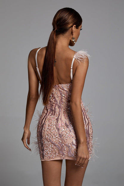 Feather Fringe V Neck Bodycon Mini Party Dress
