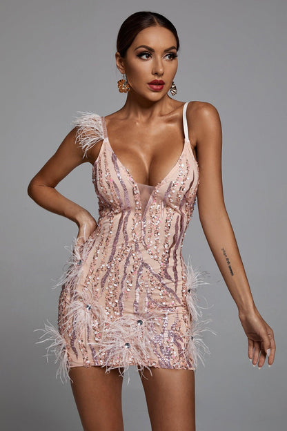 Feather Fringe V Neck Bodycon Mini Party Dress