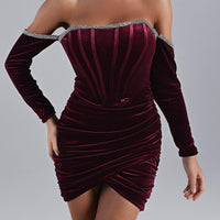 Maeva Long Sleeve Cystal Trim Corset Dress - Wine