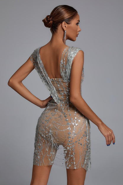 Sedaya Glitter Mesh Mini Dress - Silver
