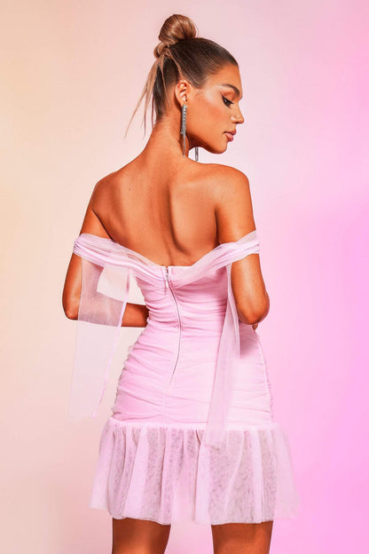 Kavaza Off Shoulder Mesh Mini Bandage Dress
