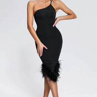 Rate Feather One Shoulder Midi Dress - Black