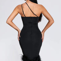 Rate Feather One Shoulder Midi Dress - Black
