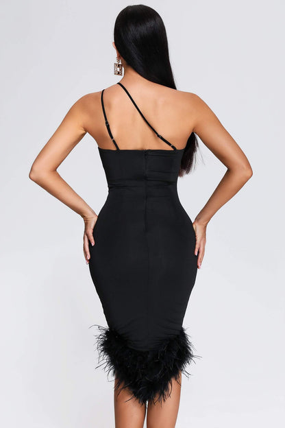 Rate Feather One Shoulder Midi Dress - Black