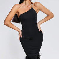 Rate Feather One Shoulder Midi Dress - Black