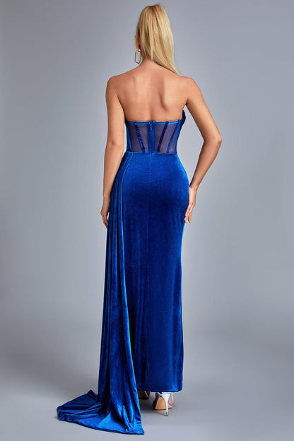 Lamva korset maxi-jurk met fluwelen split - blauw