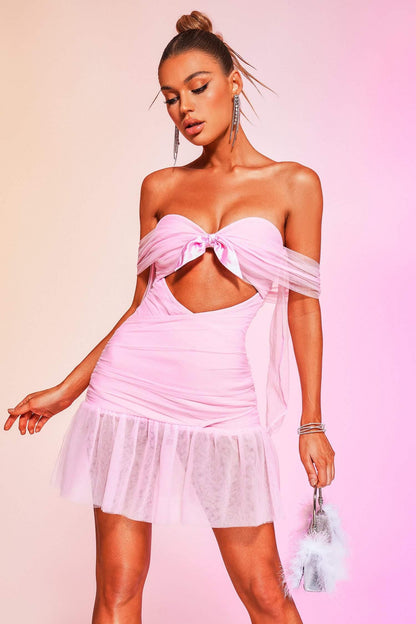 Kavaza Off Shoulder Mesh Mini Bandage Dress