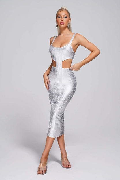 Kit Metallic Midi Bandage Dress - Silver